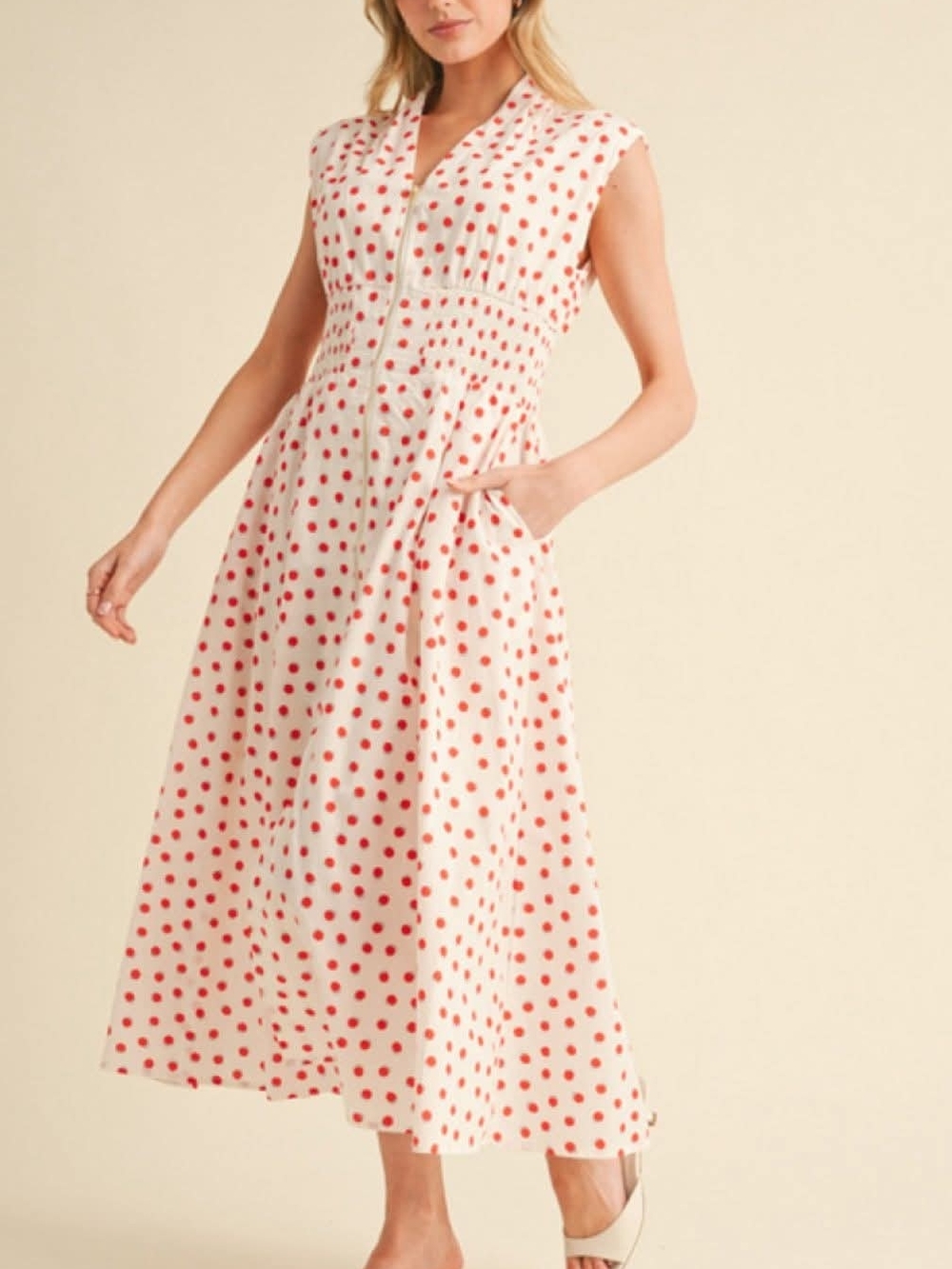 JODIFL Cream Maxi Dress with Red Polka Dots